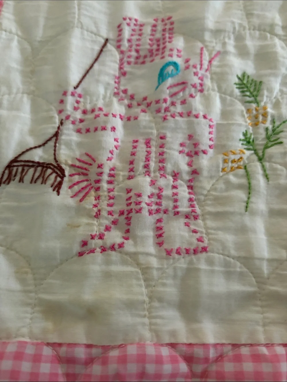 Pink and White Embroidered Baby Quilt - Cute Animal Patchwork handmade vintage